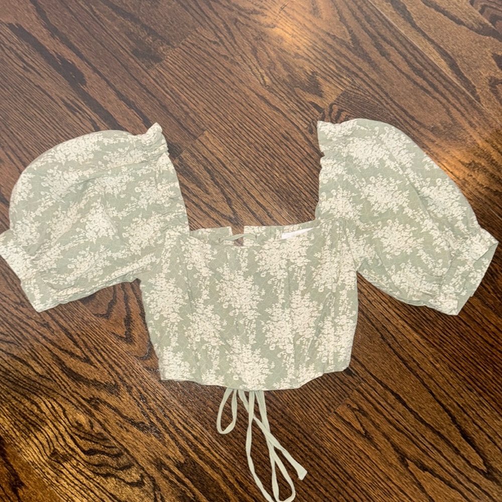 Olivaceous Floral Green Puff Sleeve Corset Style Top Size Small